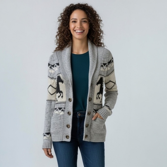 Bluenotes Sweaters - Bluenotes Cowichan Western Aztec Horse Knit Cardigan Shawl Collar XS